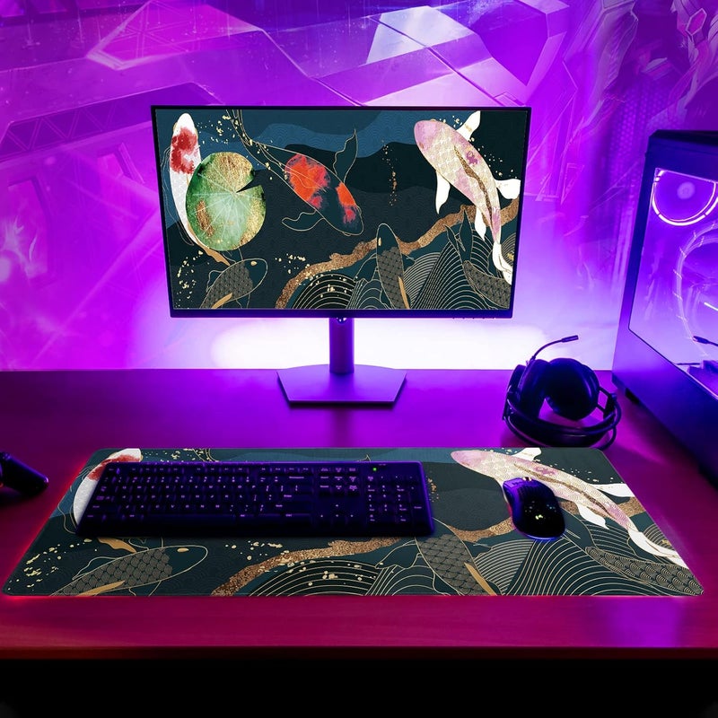 Brecoy Japanese Gaming Mouse Pad XL - Extended Large Mouse Mat Desk Pad, Stitched Edges Mousepad, 3mm Thick Long Non-Slip Rubber Base Mice Pad, 31.5 X 11.8 Inch - Koi Fish Art - Image 3